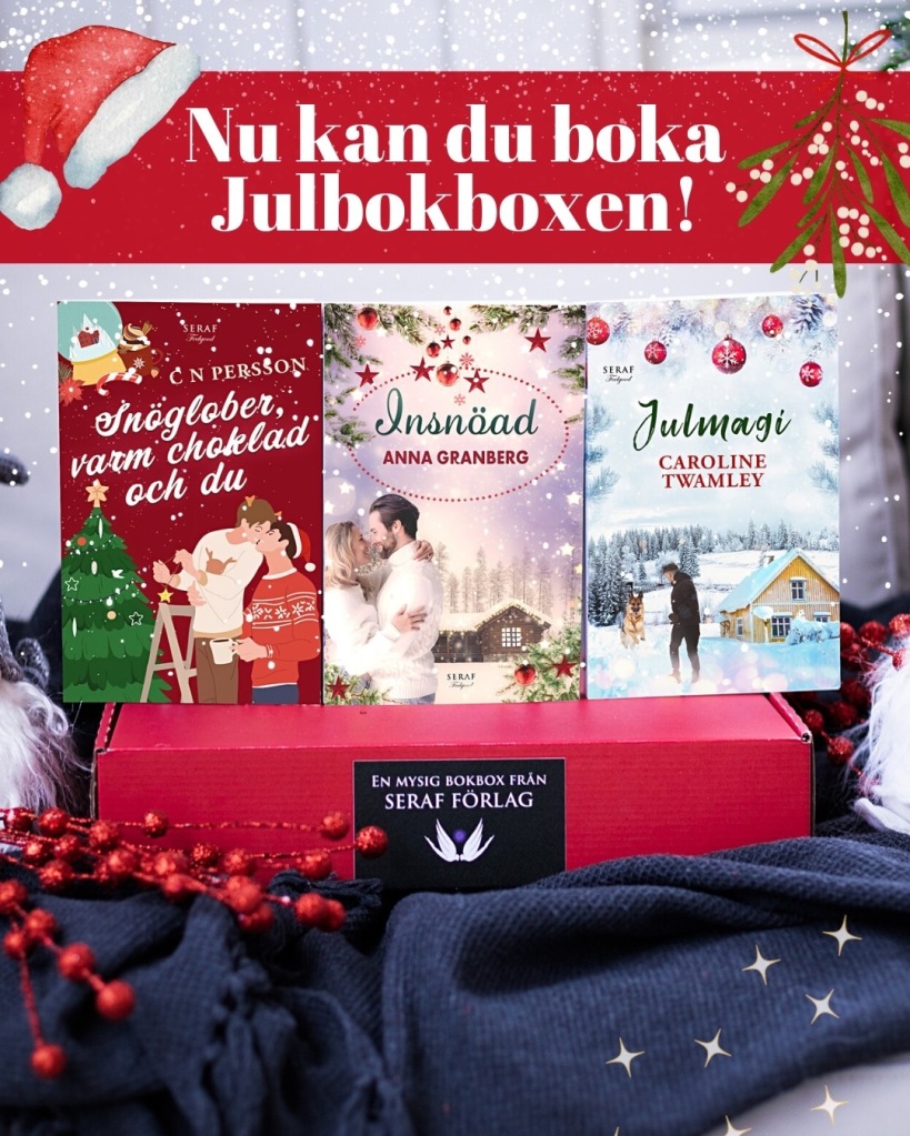 Bild på bokbox med tre romaner, samt texten Nu kan du boka julbokboxen!